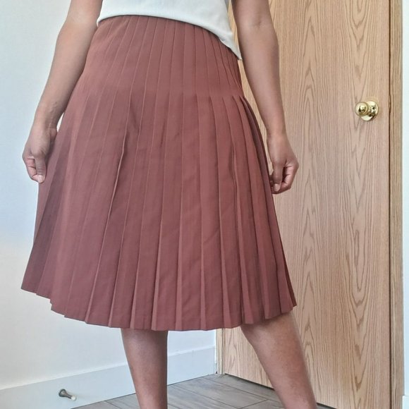 VINTAGE | Brown Academia Midi Pleated High Rise 100% Wool Skirt (Size 8) - Picture 10 of 13
